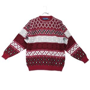 Vintage 80s 90s Towncraft Red Geometric Pullover Sweater Mens L Made USA Winter